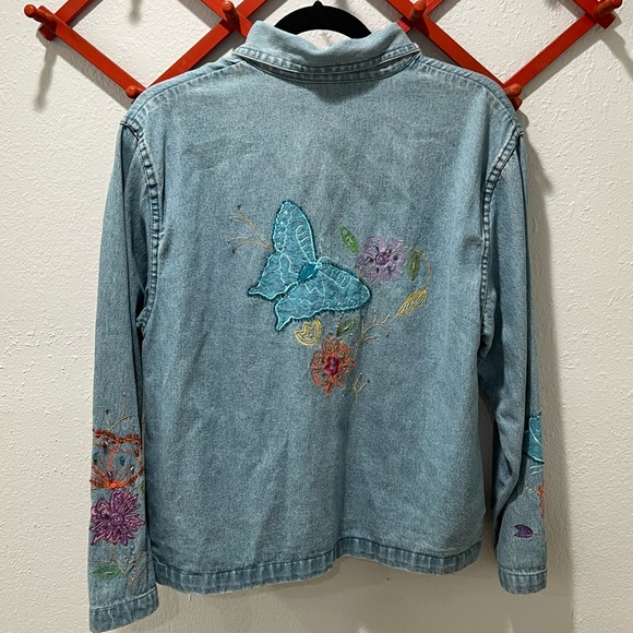Vintage 1990s Denim Flower Butterfly Embroidered Button Up Shirt - Picture 3 of 5